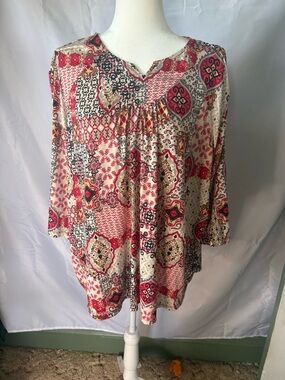 Boho Medallion Print V-Neck Tunic Top 3/4 Sleeve Red Cream Black Funky Festival